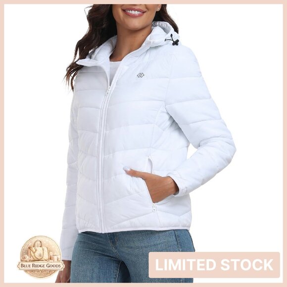 Lightweight Quilted Puffer Jacket Hooded Winter Coat 4 Pockets Full Zip